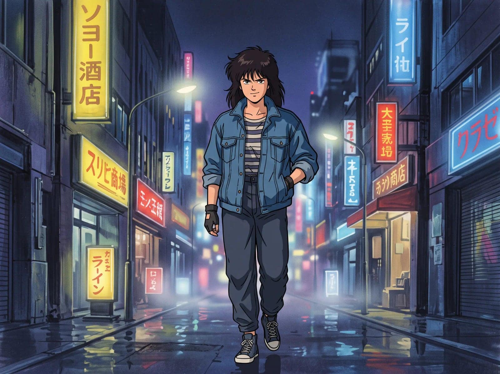 1980s Anime Cel, Painted cels, neon city glow and grain from the film print