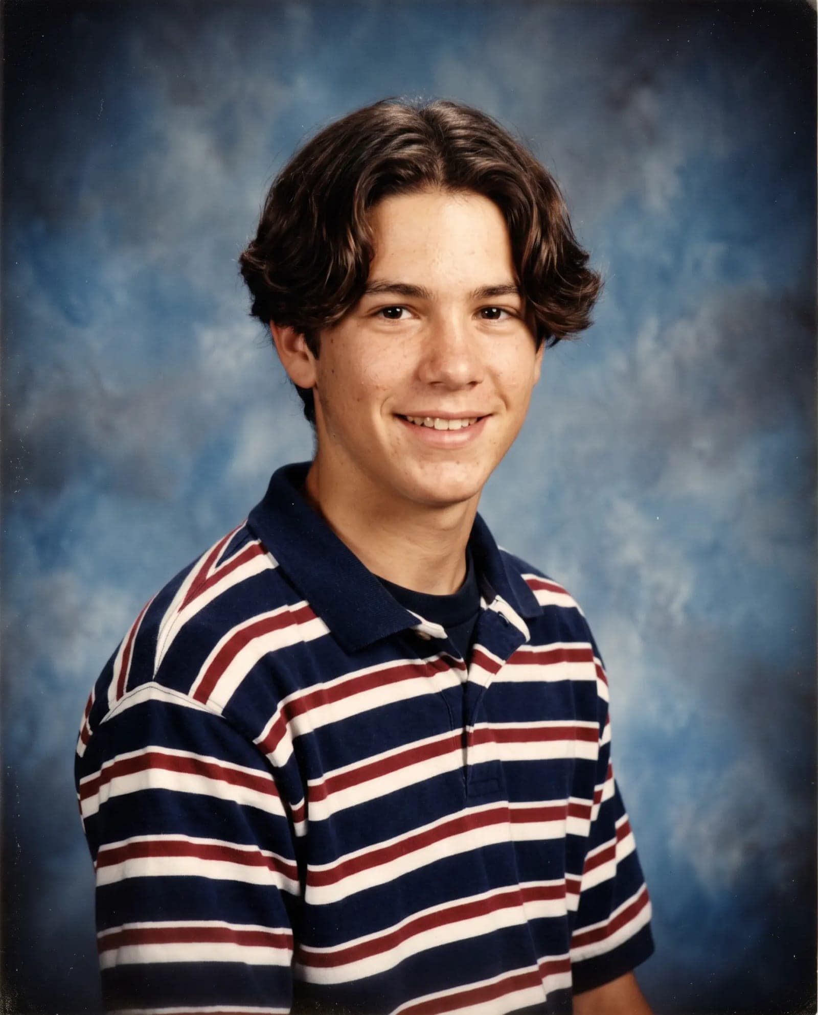 90s Yearbook Portrait, Studio flash, a mottled blue backdrop and hair that took real effort