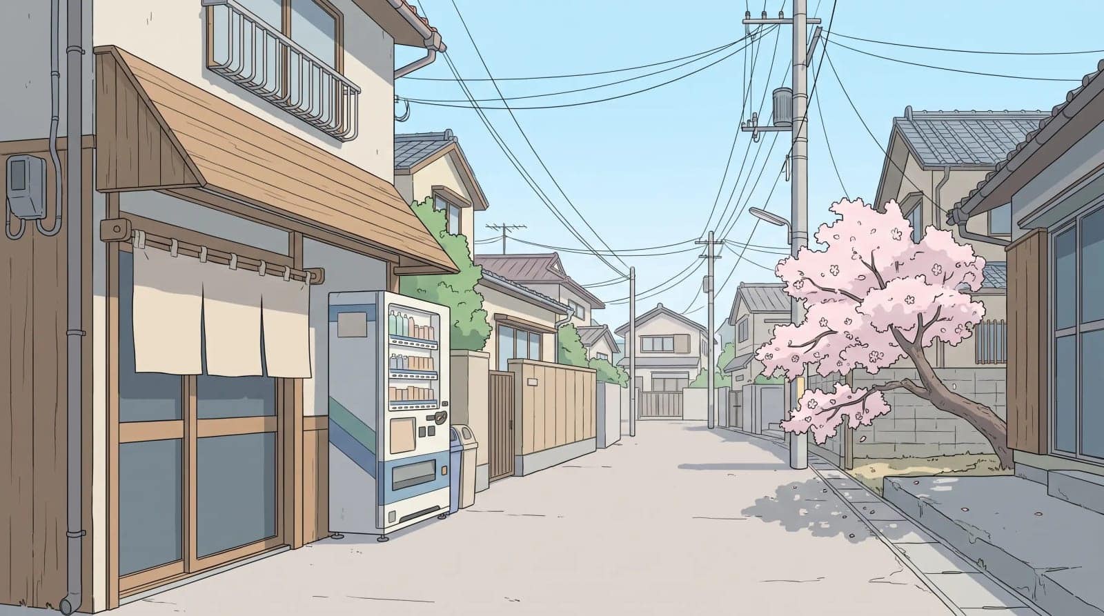 Anime Street Daylight, A quiet Japanese back street under flat afternoon light, drawn clean and empty