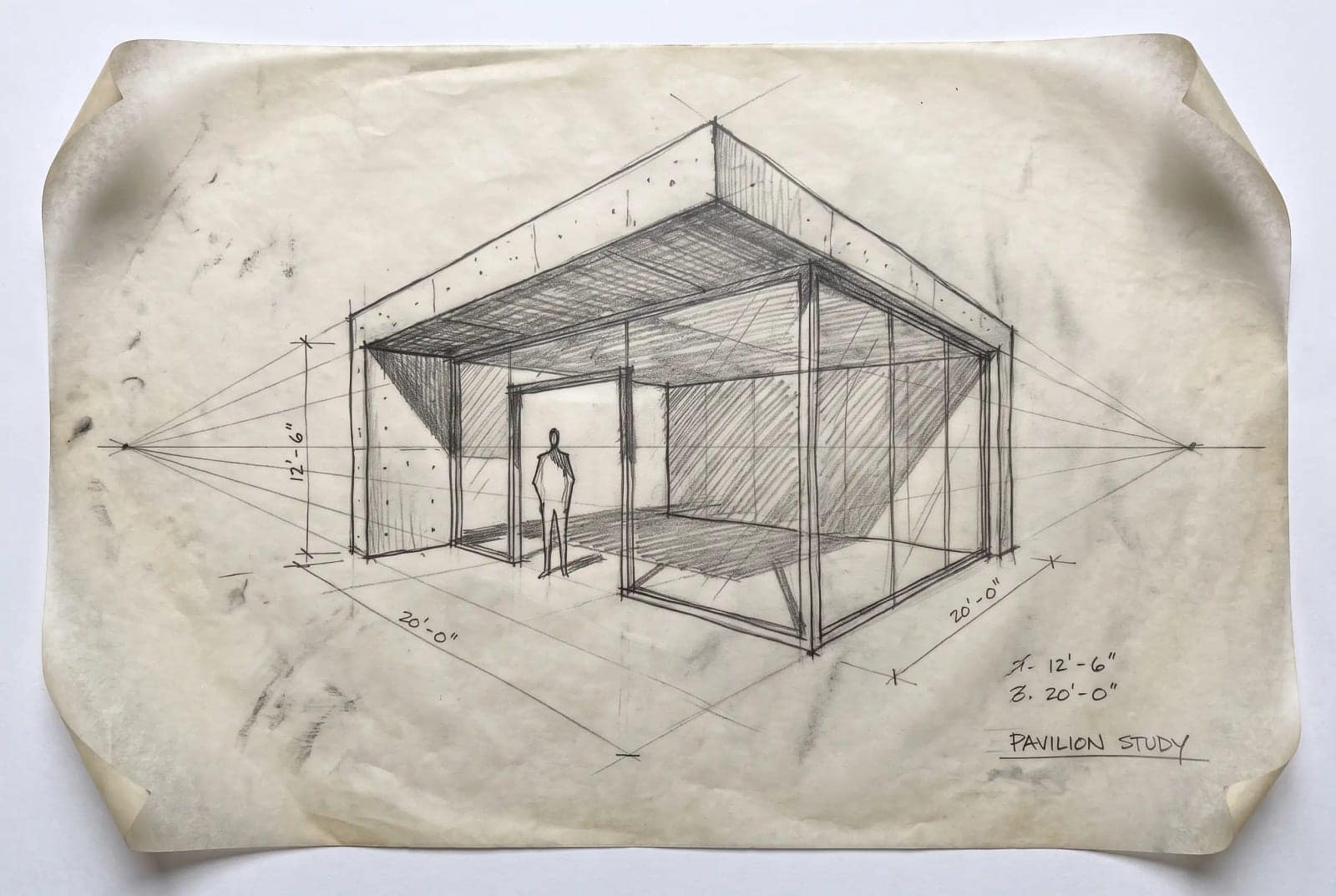 Architectural Pencil Sketch, Graphite on trace, construction lines left in, one figure for scale