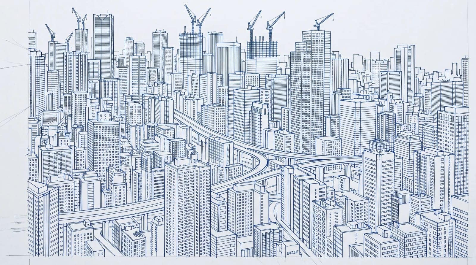 Blue Line Cityscape, A whole skyline drawn in one blue pen, faint and enormous