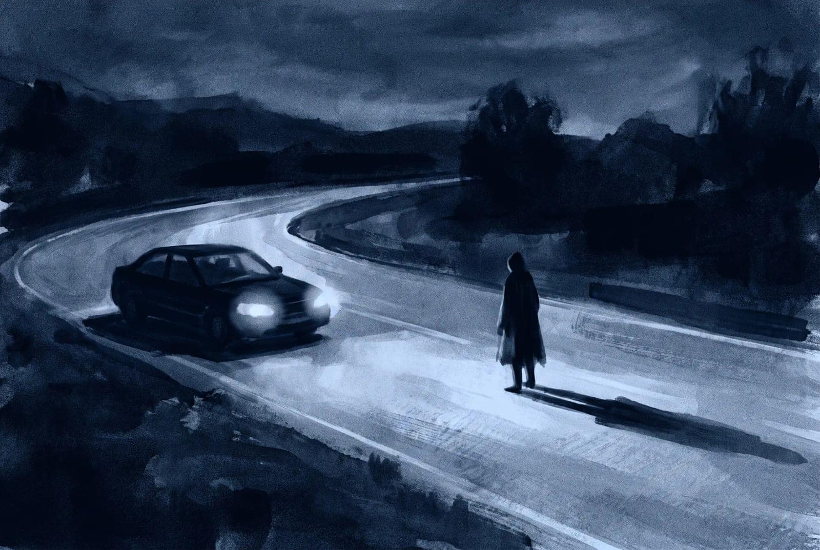 Blue Monochrome Night, A night scene painted entirely in blue, cut open by one pair of headlights