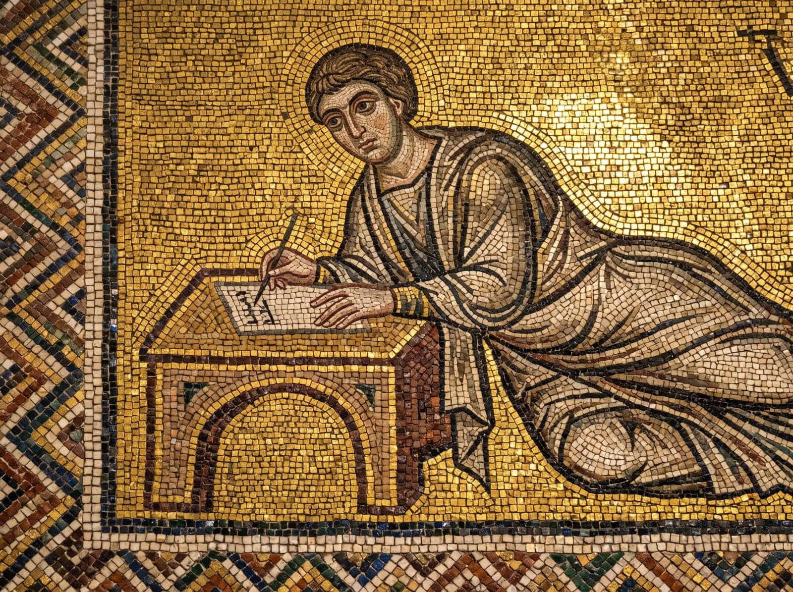 Byzantine Mosaic, Thousands of small tiles, gold ground, and a figure staring straight out