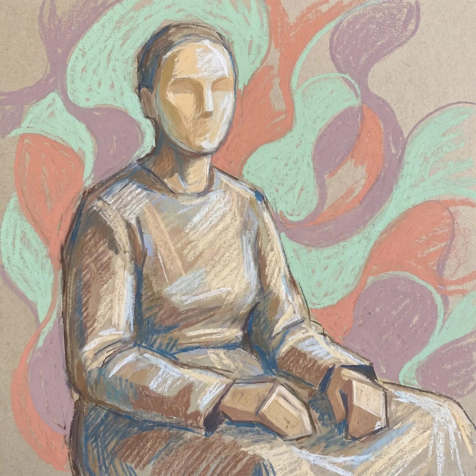 Chalk Pastel Figure, A seated figure drawn in soft chalk against loose organic colour shapes