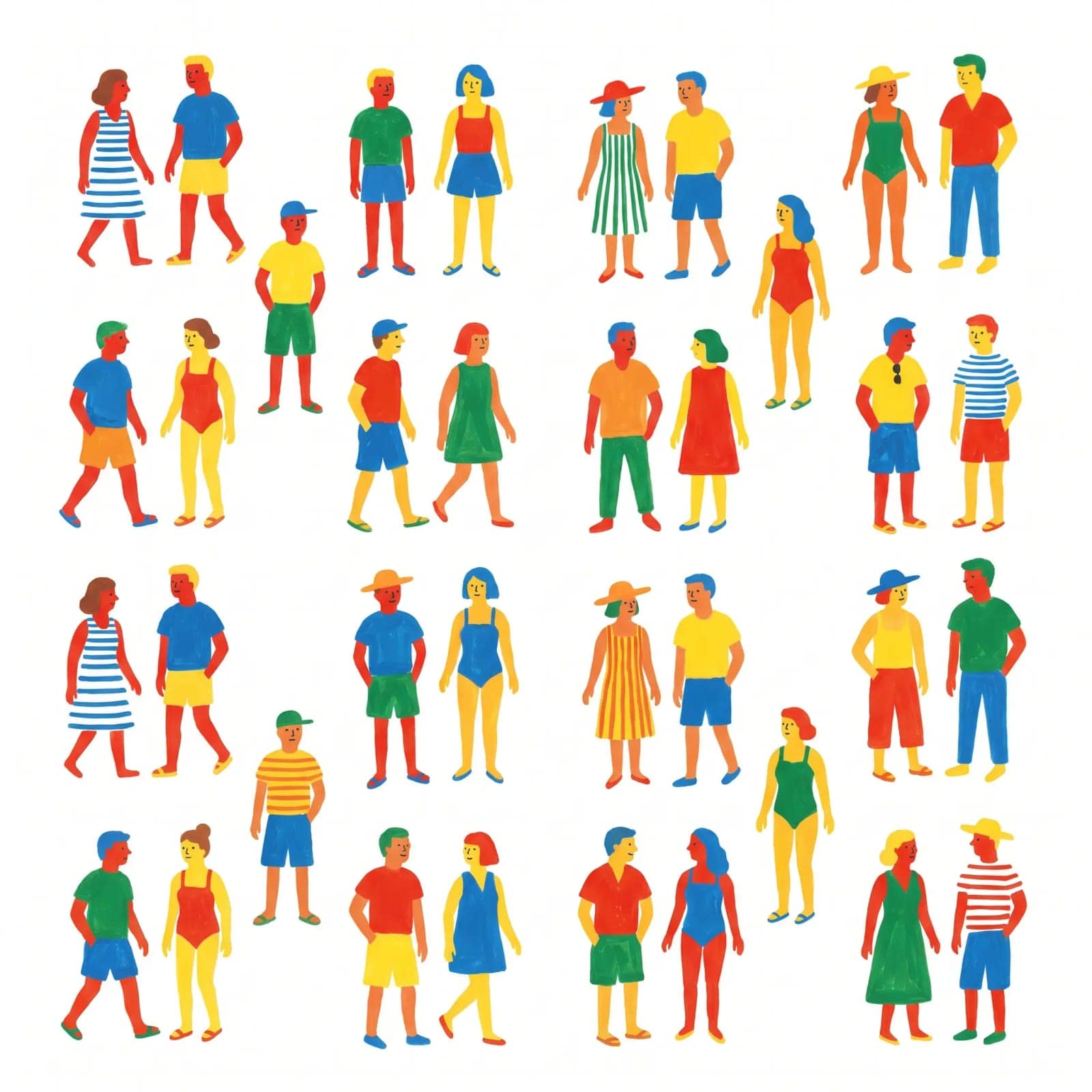 Character Crowd Sheet, Thirty small figures on white, each with their own outfit and walk