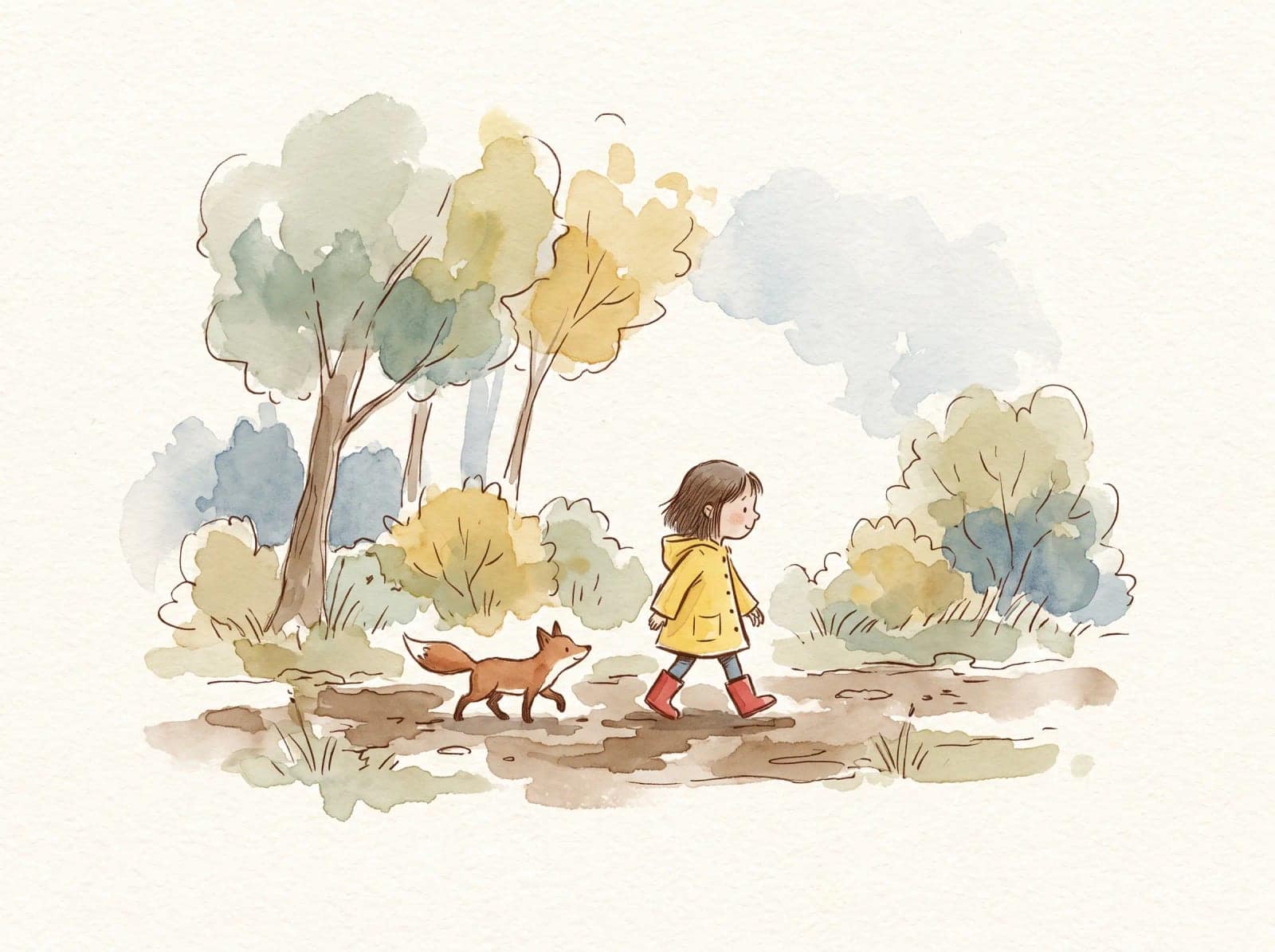 Children's Watercolour Illustration, Loose ink line, soft washes and a lot of white paper left alone