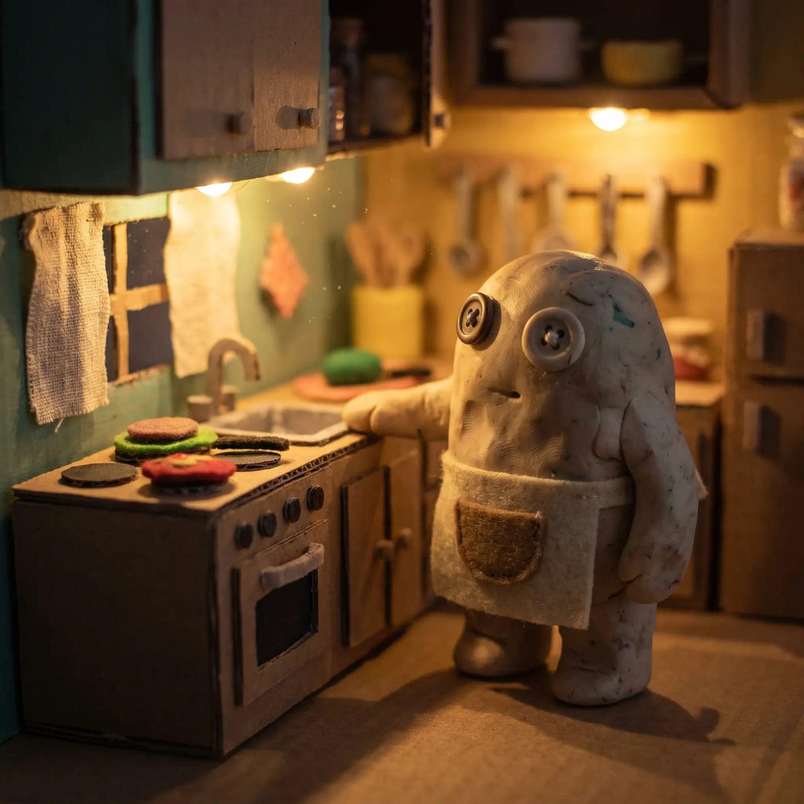 Claymation Character, Fingerprints in the plasticine, shallow depth of field, tiny built set