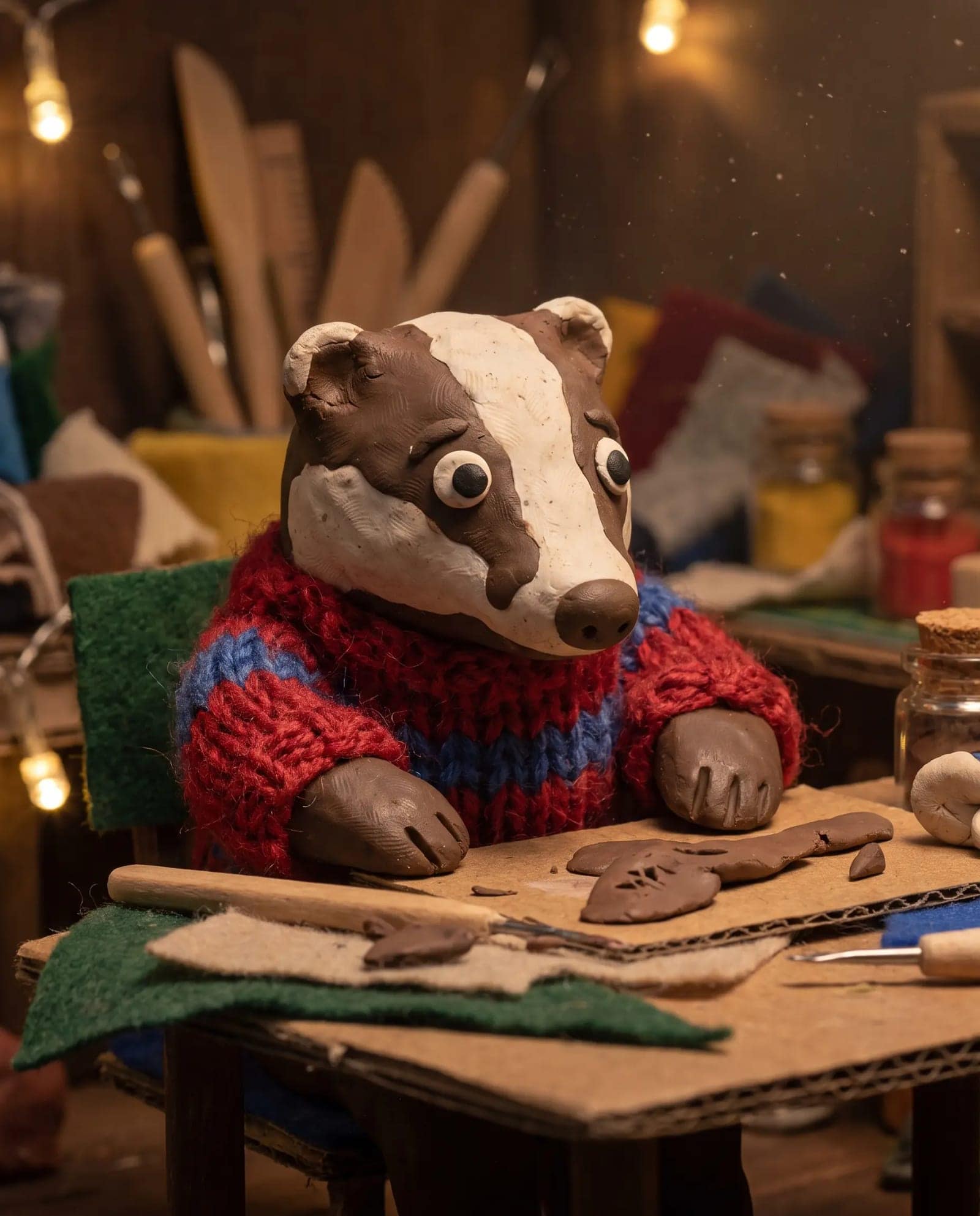 Claymation Character, Fingerprints in the plasticine, shallow depth of field, tiny built set