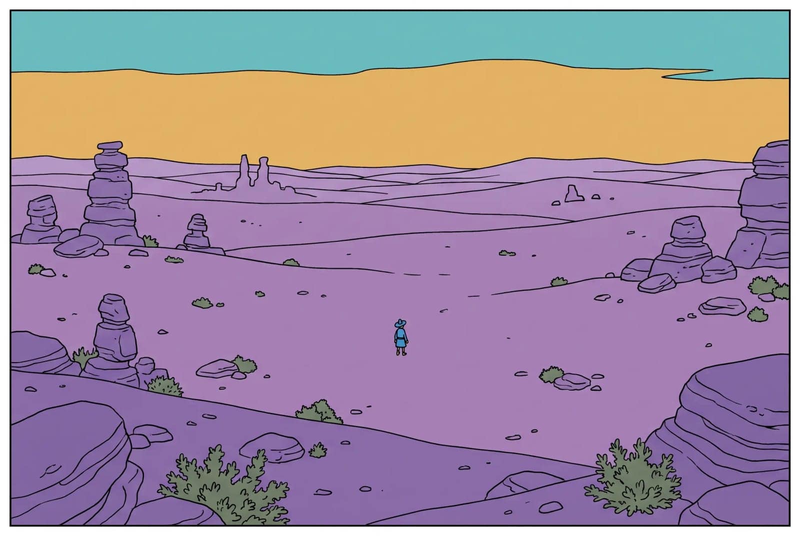 Clear Line Desert, A vast strange desert drawn in even line and flat unnatural colour