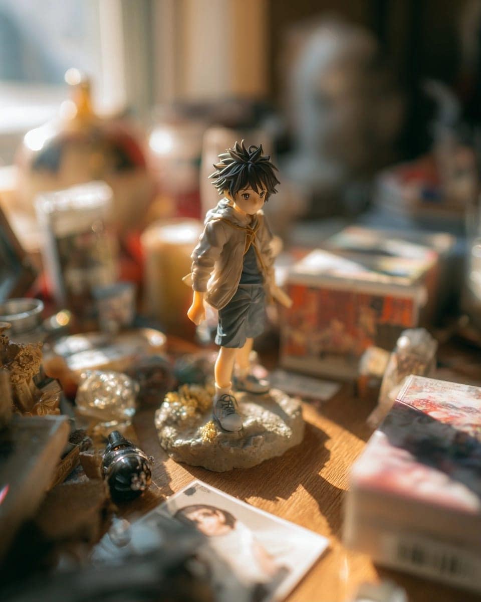 Collectible Anime Figure, A 1/7 scale figure on a desk, box behind it, shot like a review photo