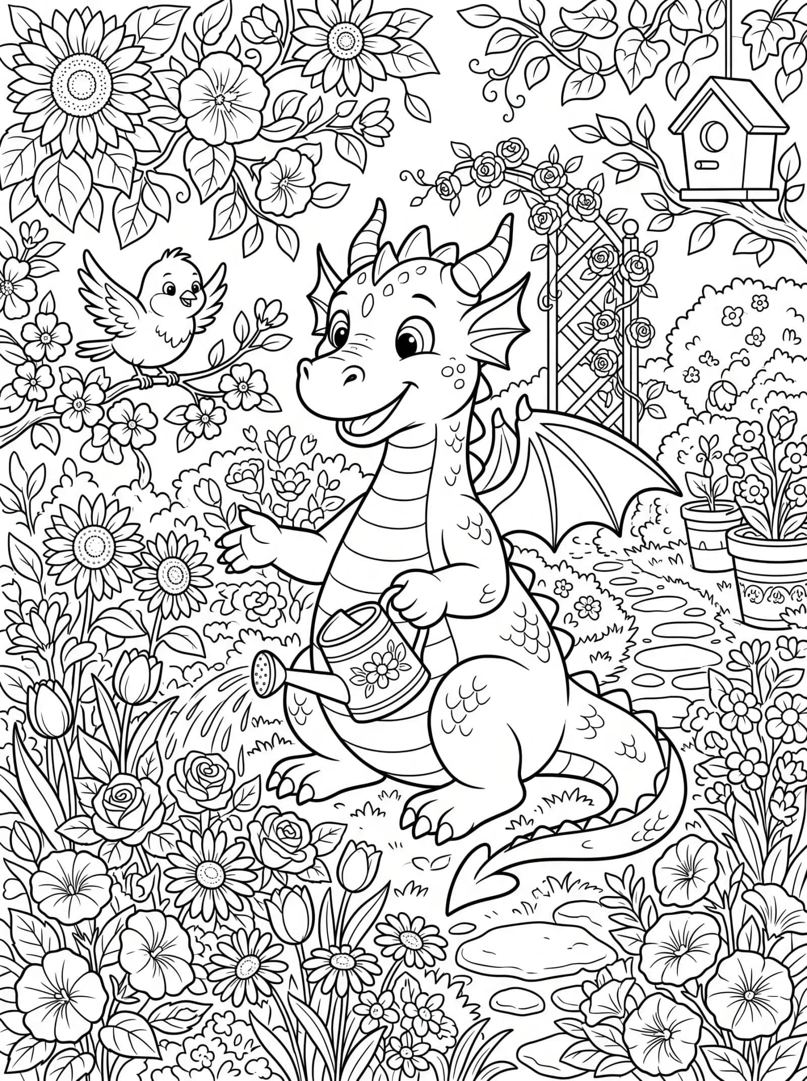 Coloring Book Page, Clean black outlines on white, closed shapes, nothing shaded