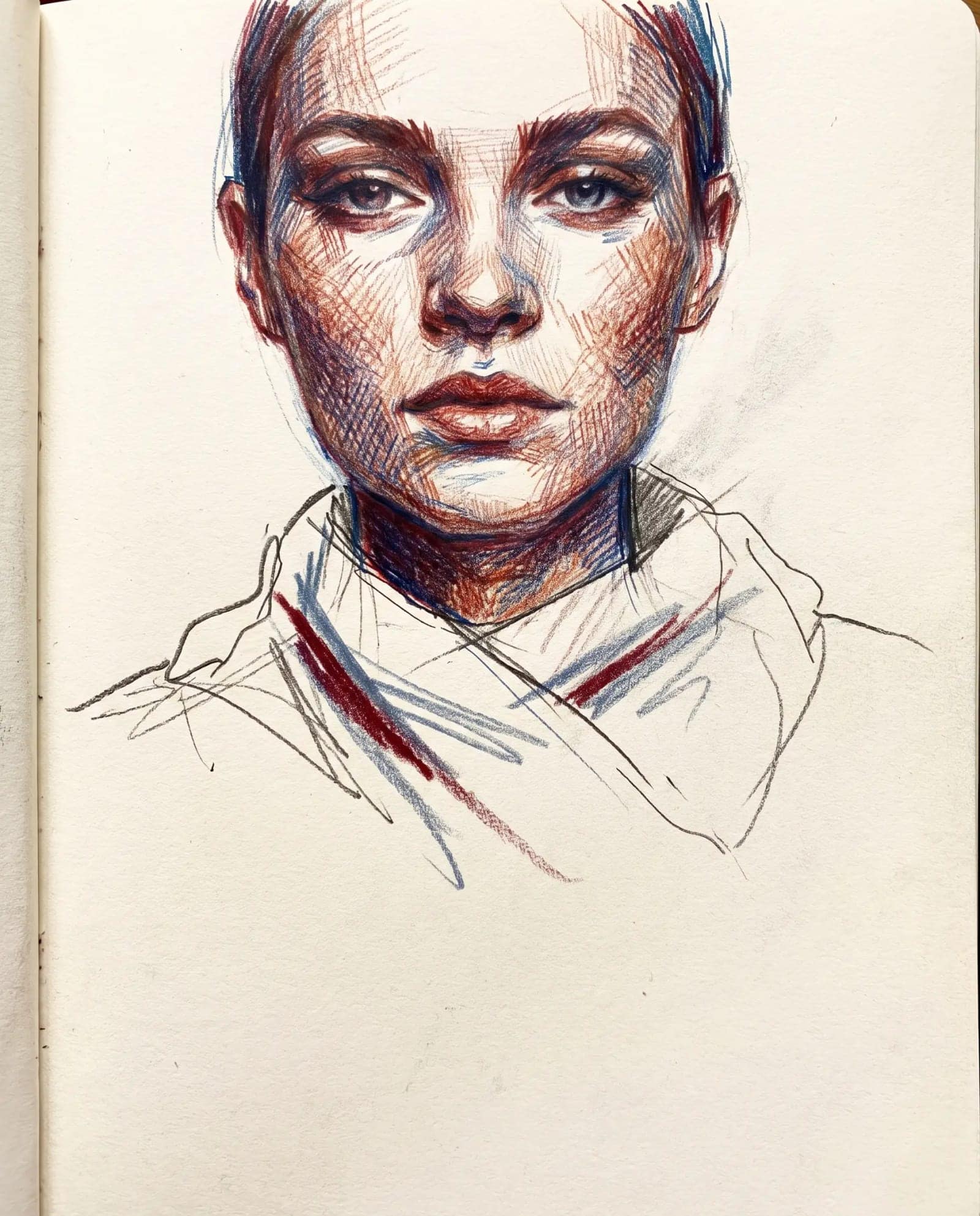 Coloured Pencil Portrait, A face worked up in dense pencil hatching while the clothes stay a sketch