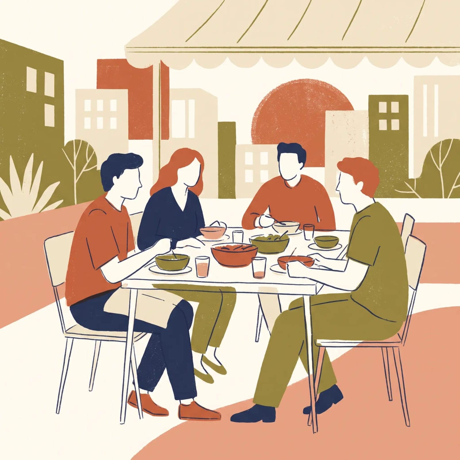 Contemporary Editorial Illustration, Flat shapes, textured brush and people drawn with real character