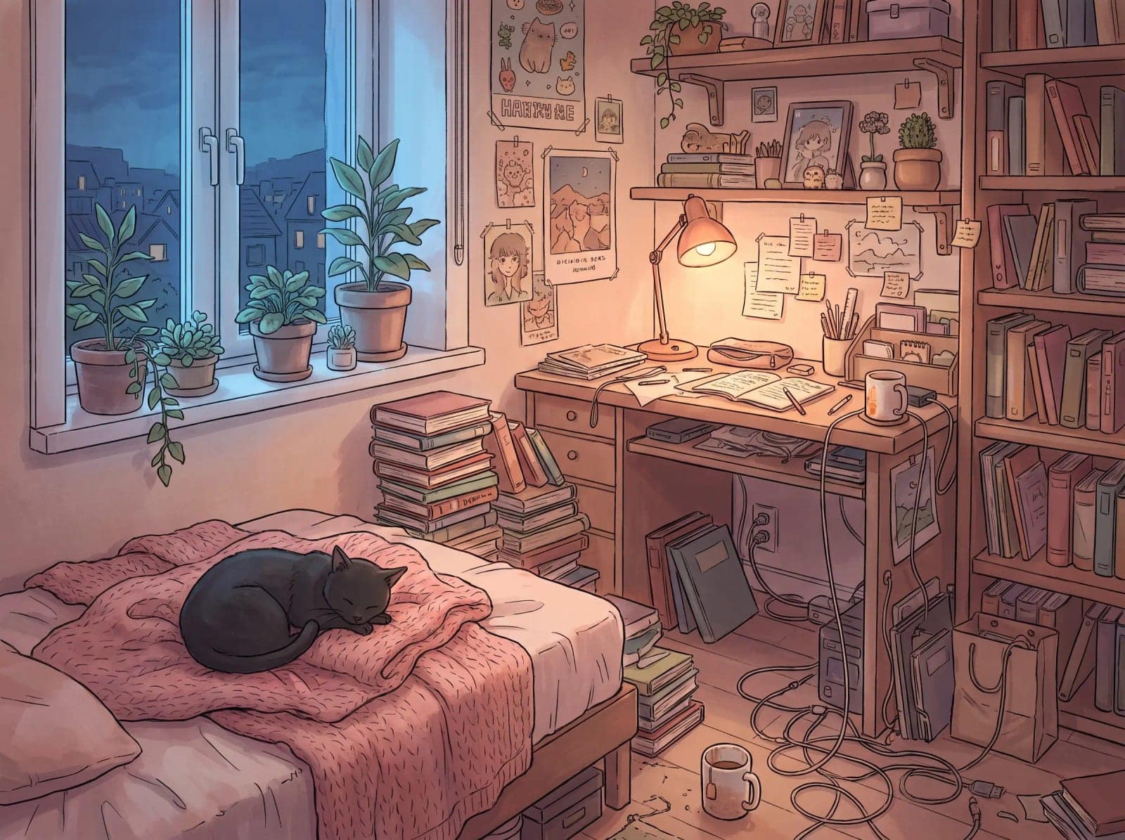 Cozy Anime Interior, A cluttered warm room, a sleeping cat, and light coming from lamps