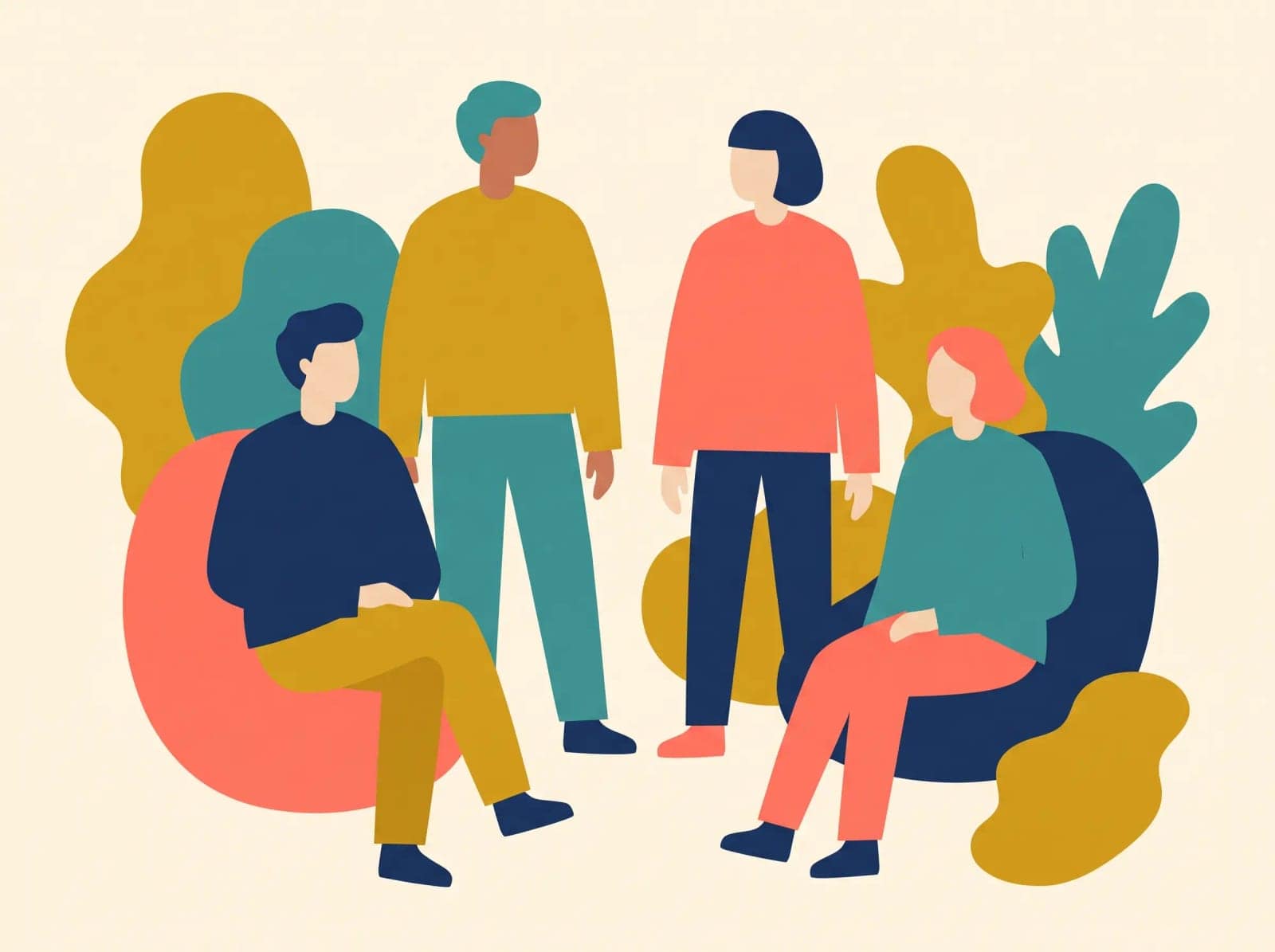 Cut Paper Figures, People built from a handful of cut shapes, sitting among loose blobs of colour