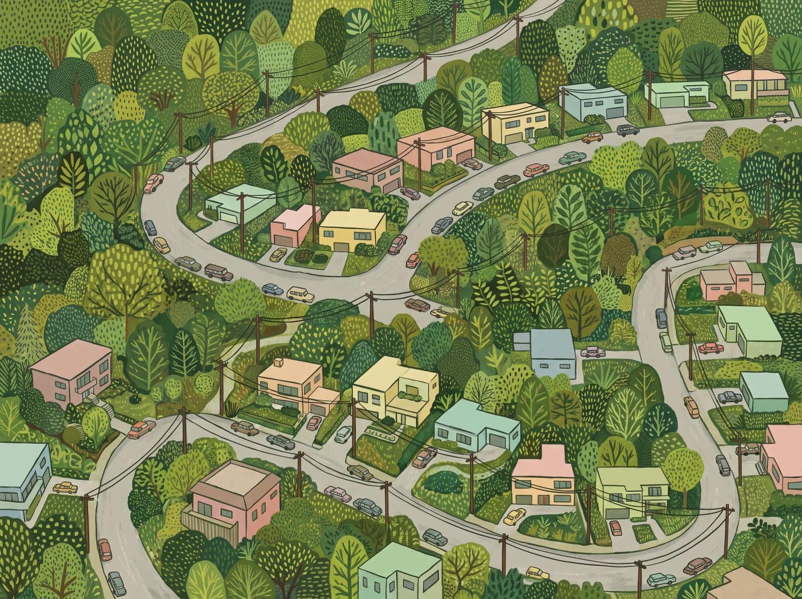 Dense Suburb Illustration, A hillside of houses, cars and hedges packed into every inch of the frame