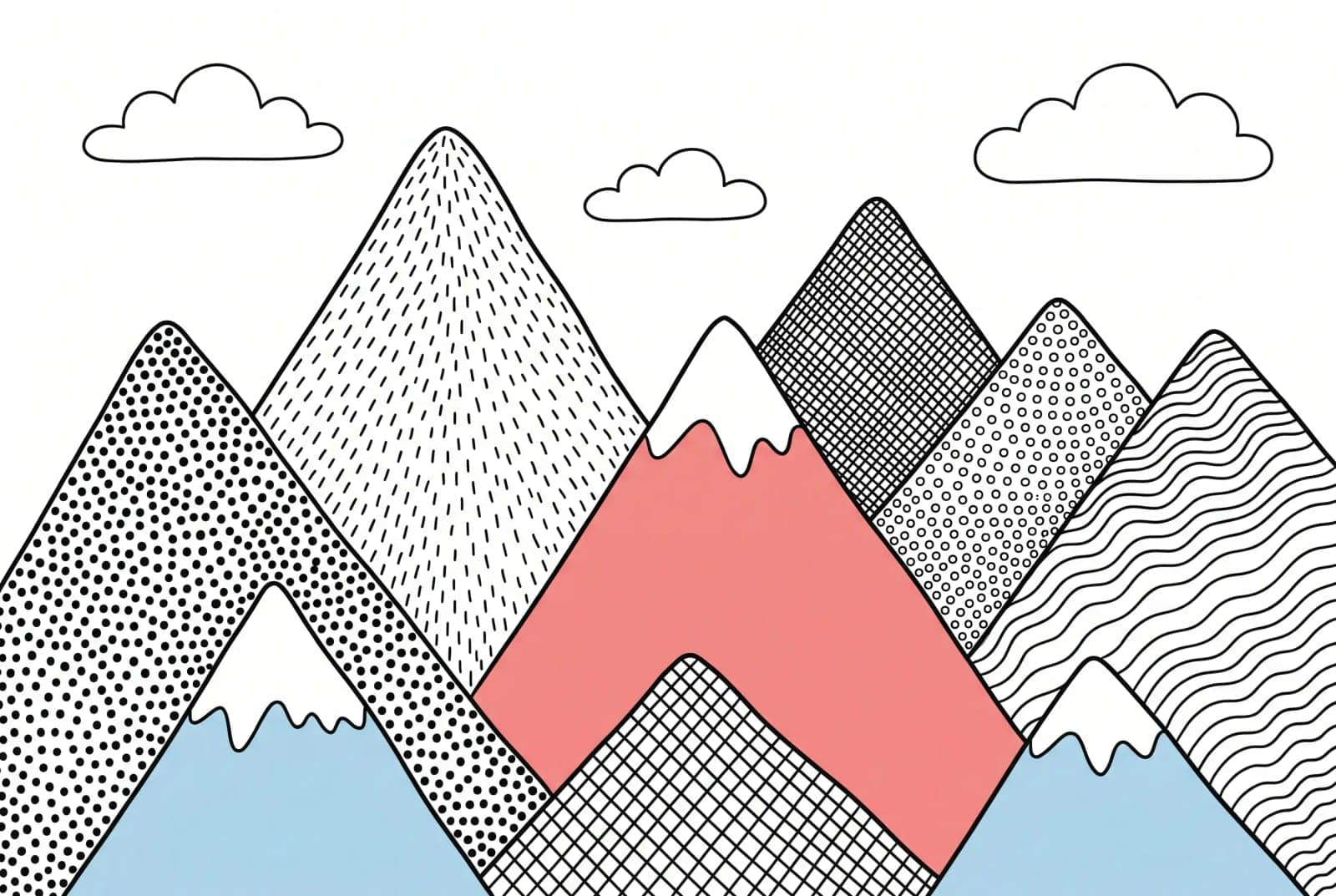 Dotwork Line Illustration, Outlines filled with dots and dashes, one tiny colour accent