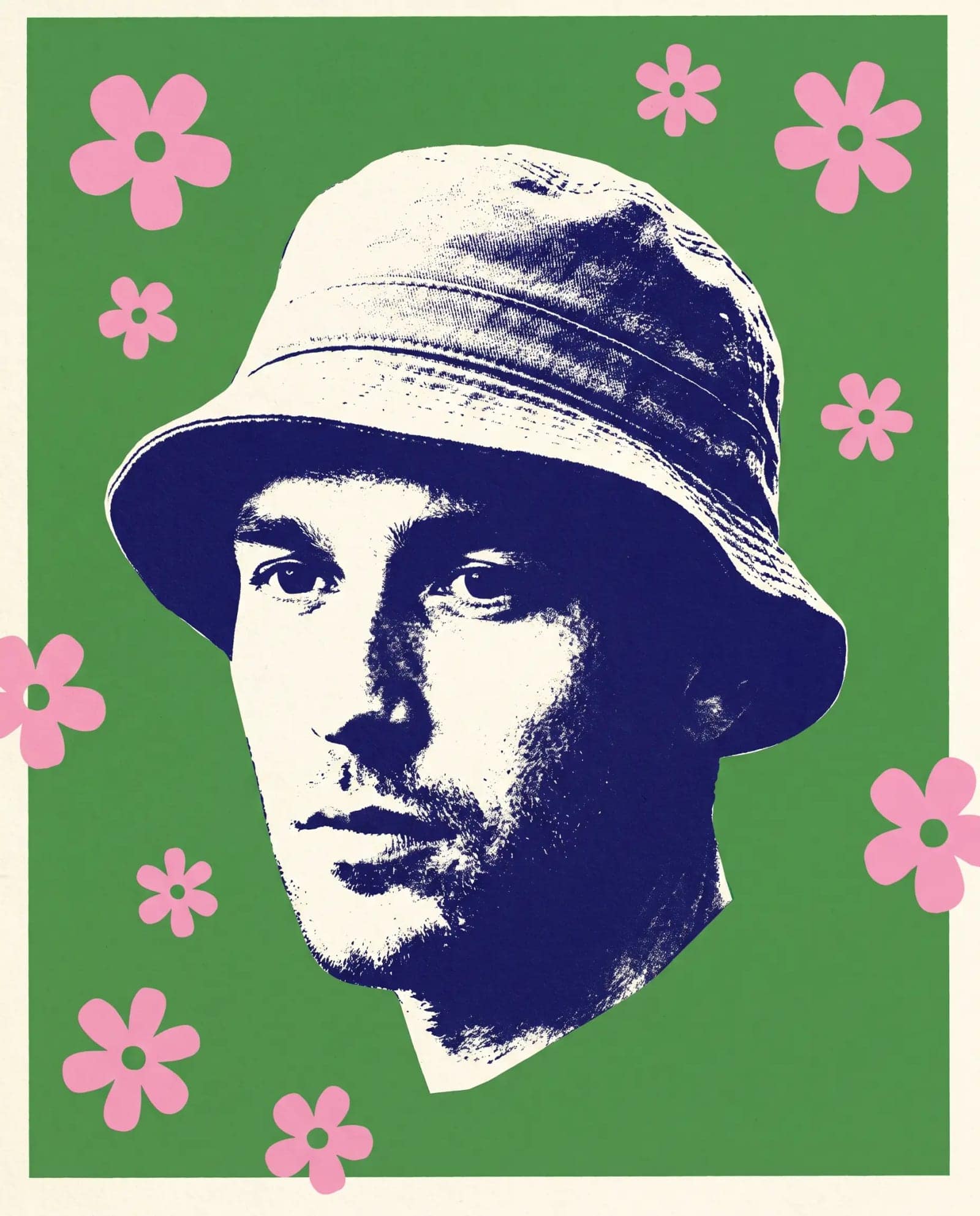 Duotone Photo Portrait, A photograph flattened into two inks with flat colour dropped behind it