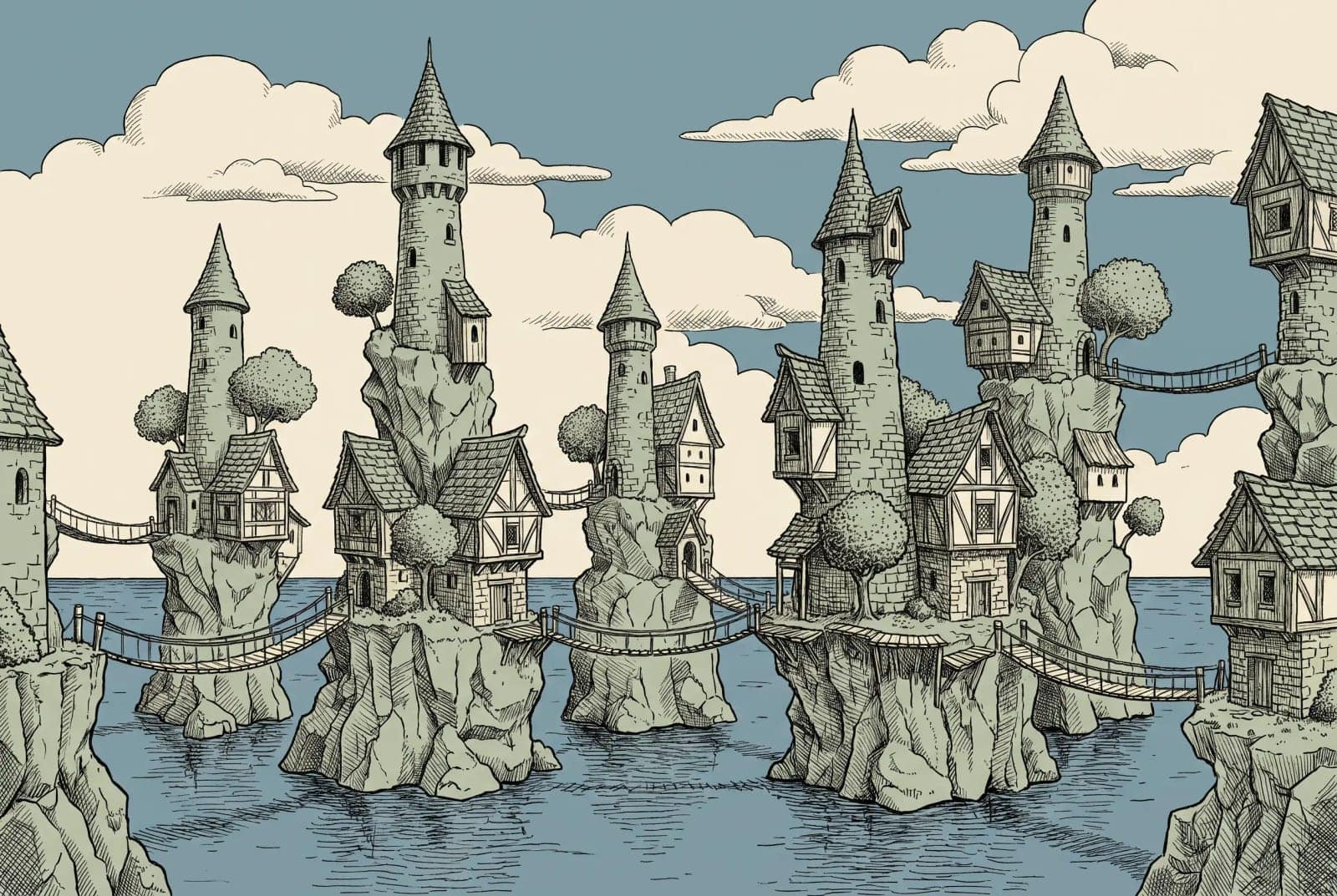 Etched Fantasy Village, A tiny impossible town drawn with obsessive stipple and hatch