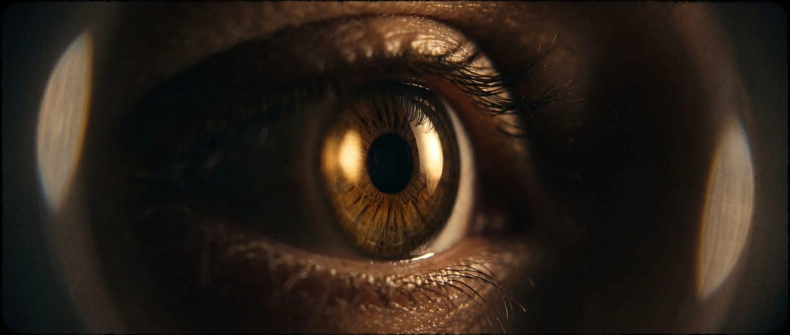 Extreme Closeup Cinematic, A face filling the frame at macro distance, lit by one source in the dark