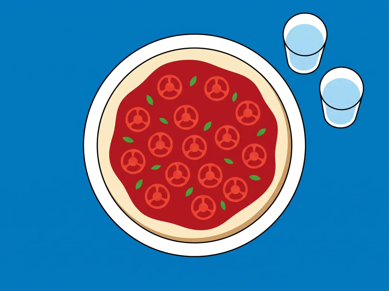 Flat Food Illustration, A meal drawn from above in flat shapes on a bright tablecloth