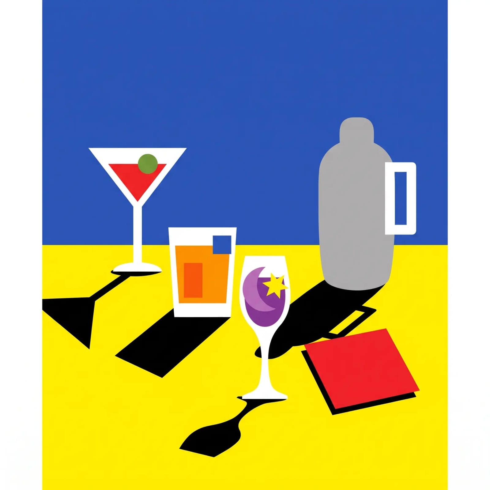 Flat Graphic Still Life, Objects as flat shapes on blocked colour, with shadows that lie