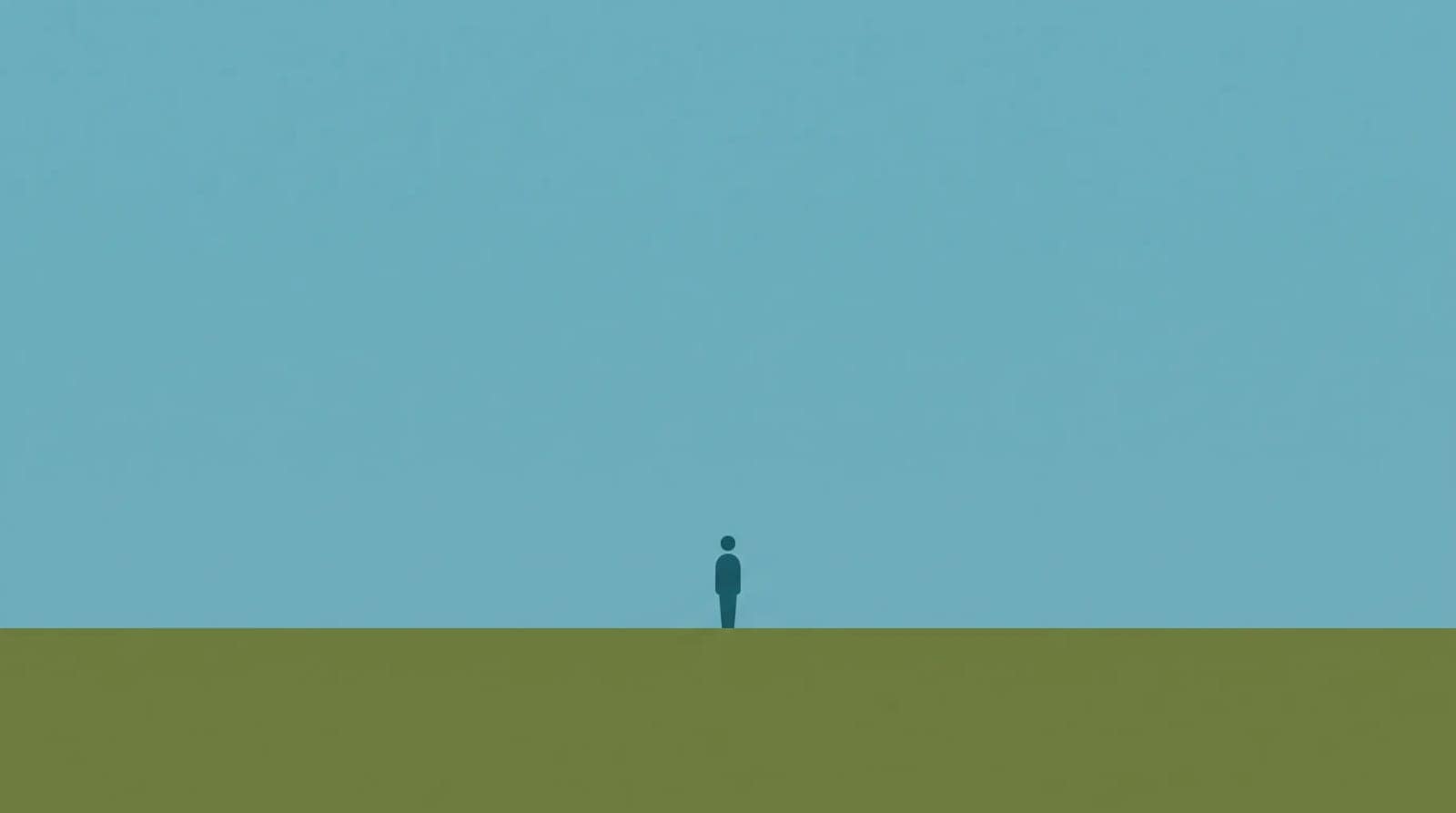 Flat Minimal Figure Scene, A lone figure standing very small in a wide field of flat colour