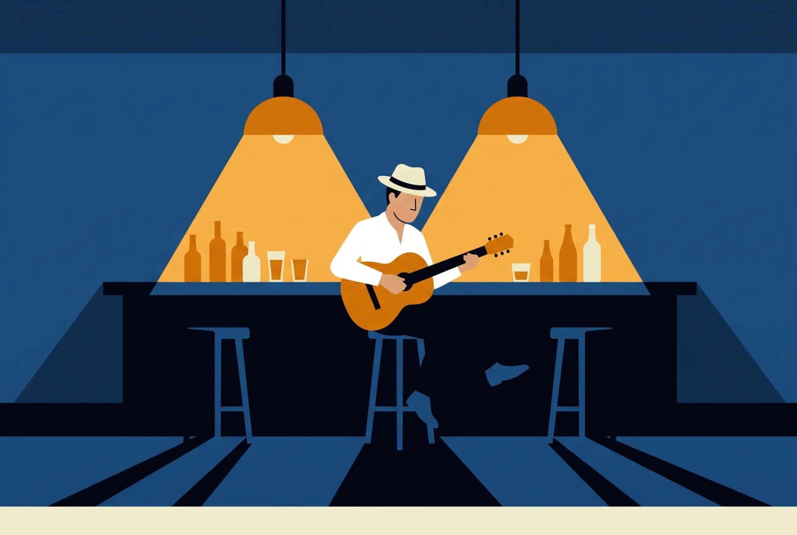 Flat Noir Illustration, A late bar scene in flat shapes, lit blue with one warm lamp