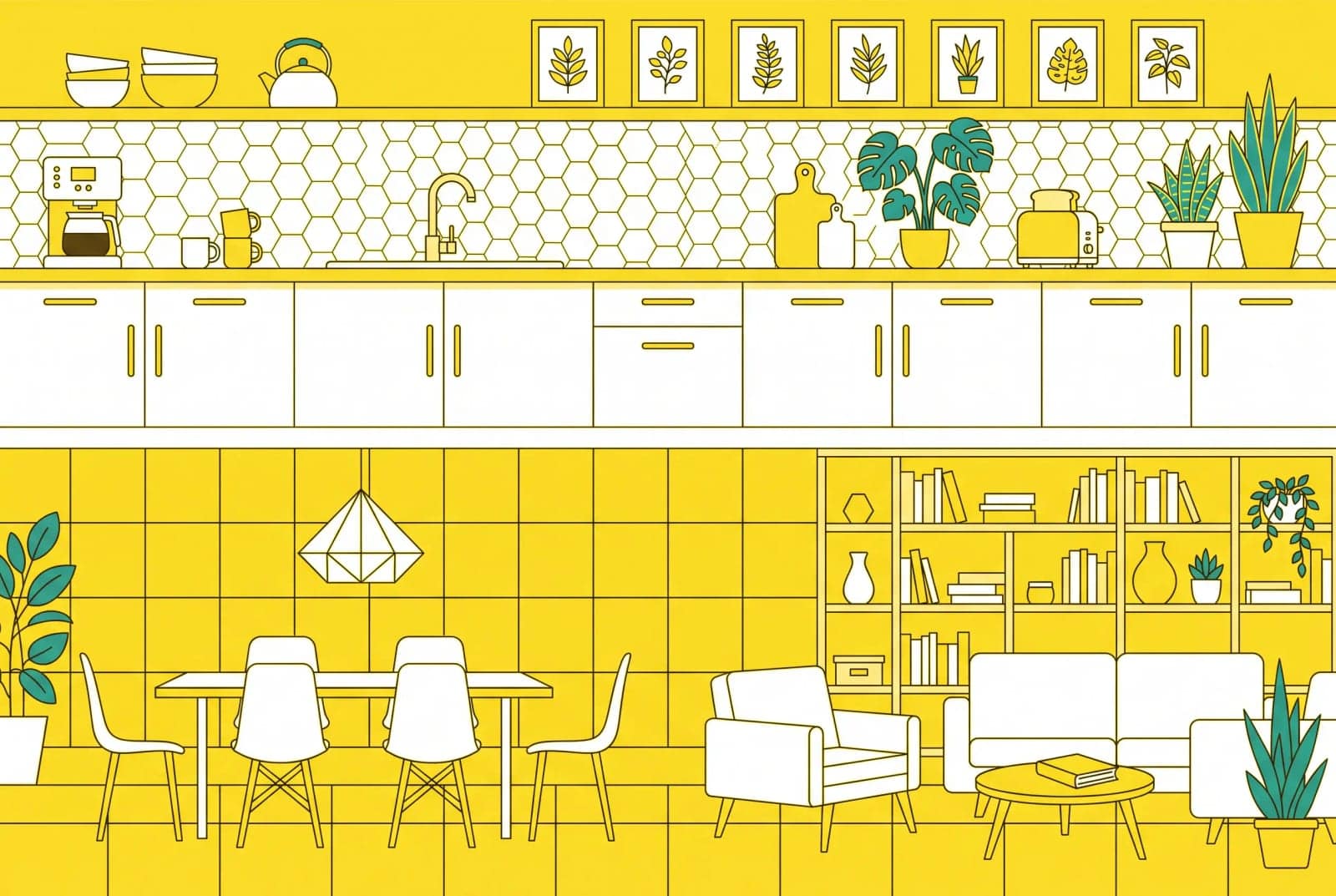 Flat Vector Interior, A whole room drawn flat and cheerful in two or three bright colours