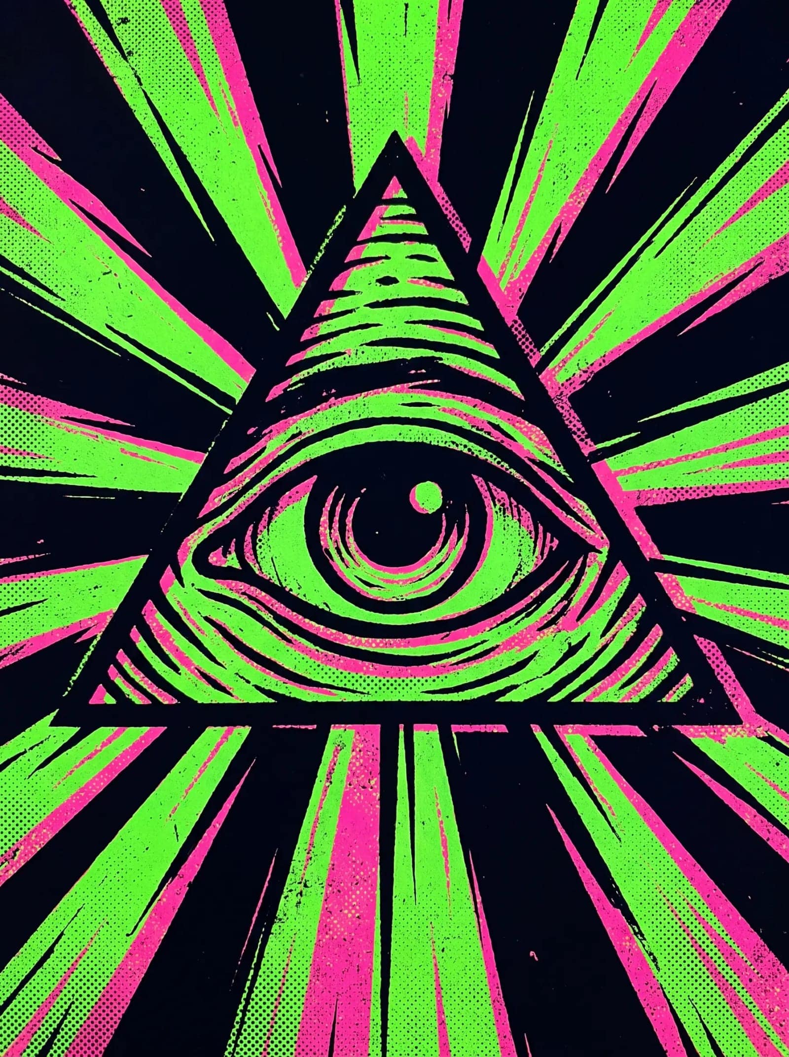 Fluorescent Psych Poster, Two screaming inks, radiating lines and a symbol at the centre