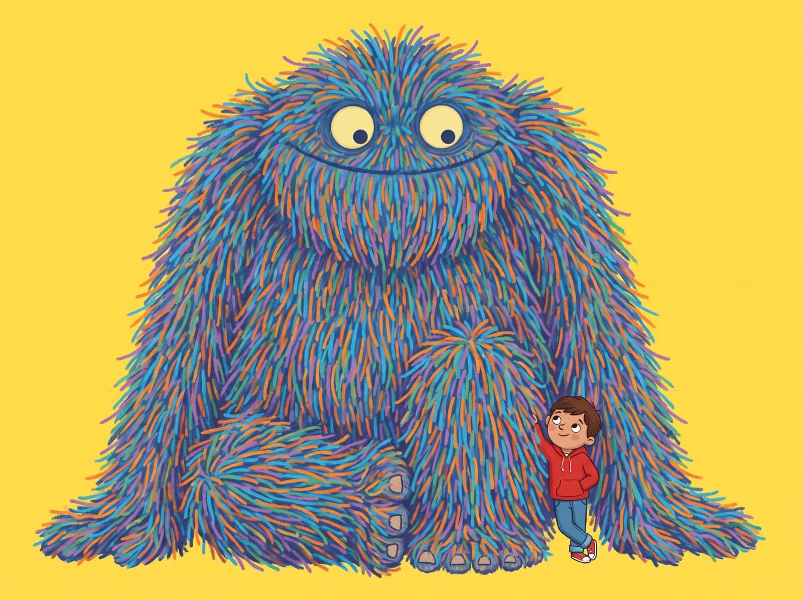 Furry Monster Illustration, An enormous friendly monster rendered in fine drawn fur beside a tiny person