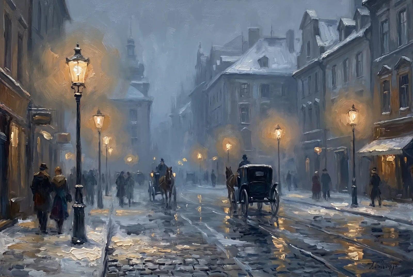 Gaslit Snow Street, A wet winter street at dusk, painted in smudged gaslight and blue shadow