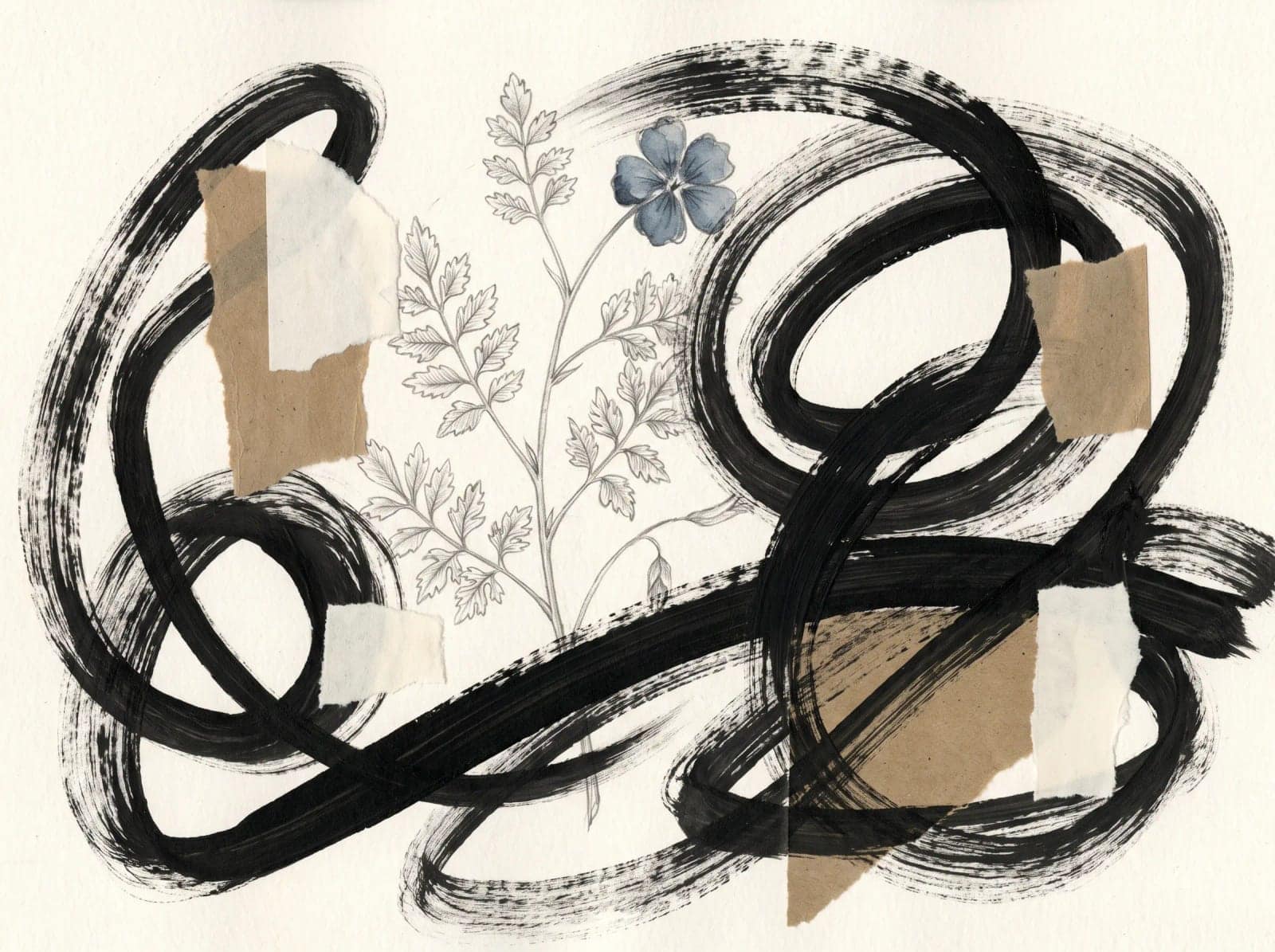 Gestural Scribble Overlay, A carefully drawn character half buried under violent black brush scribbles