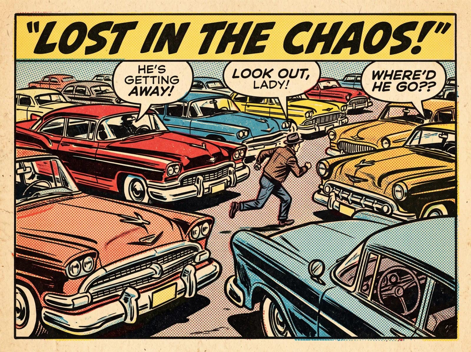 Golden Age Comic Panel, Ben Day dots, heavy ink outlines and colour that has slipped off the line