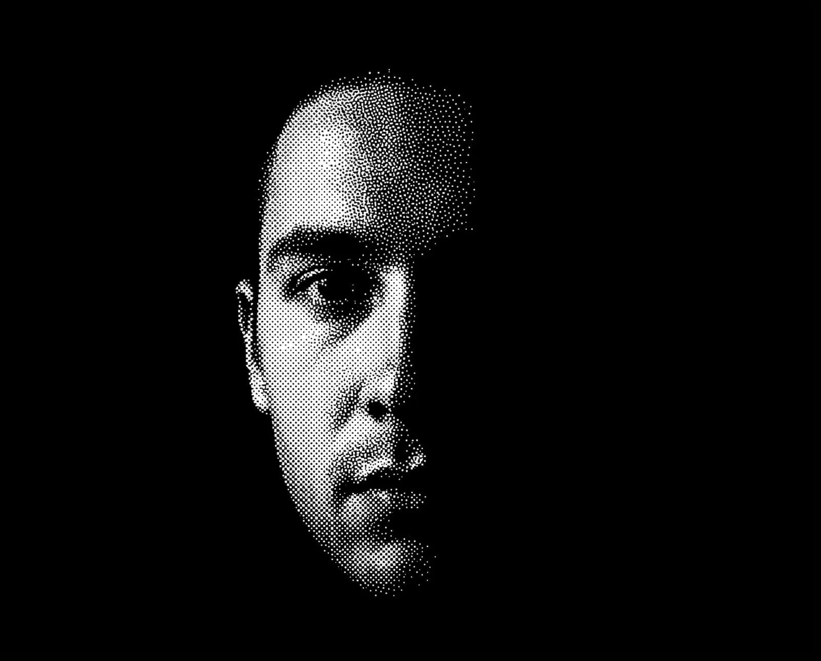 High Contrast Stipple Portrait, A face emerging from pure black in nothing but white stipple
