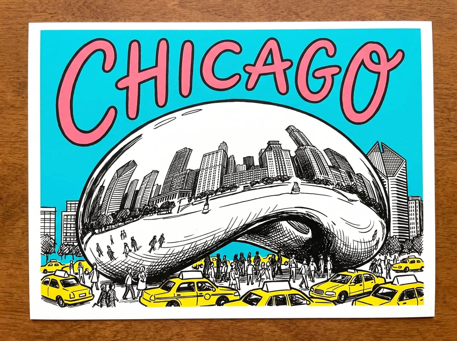 Illustrated City Postcard, A landmark drawn in ink, flat colour behind it and the city name hand lettered
