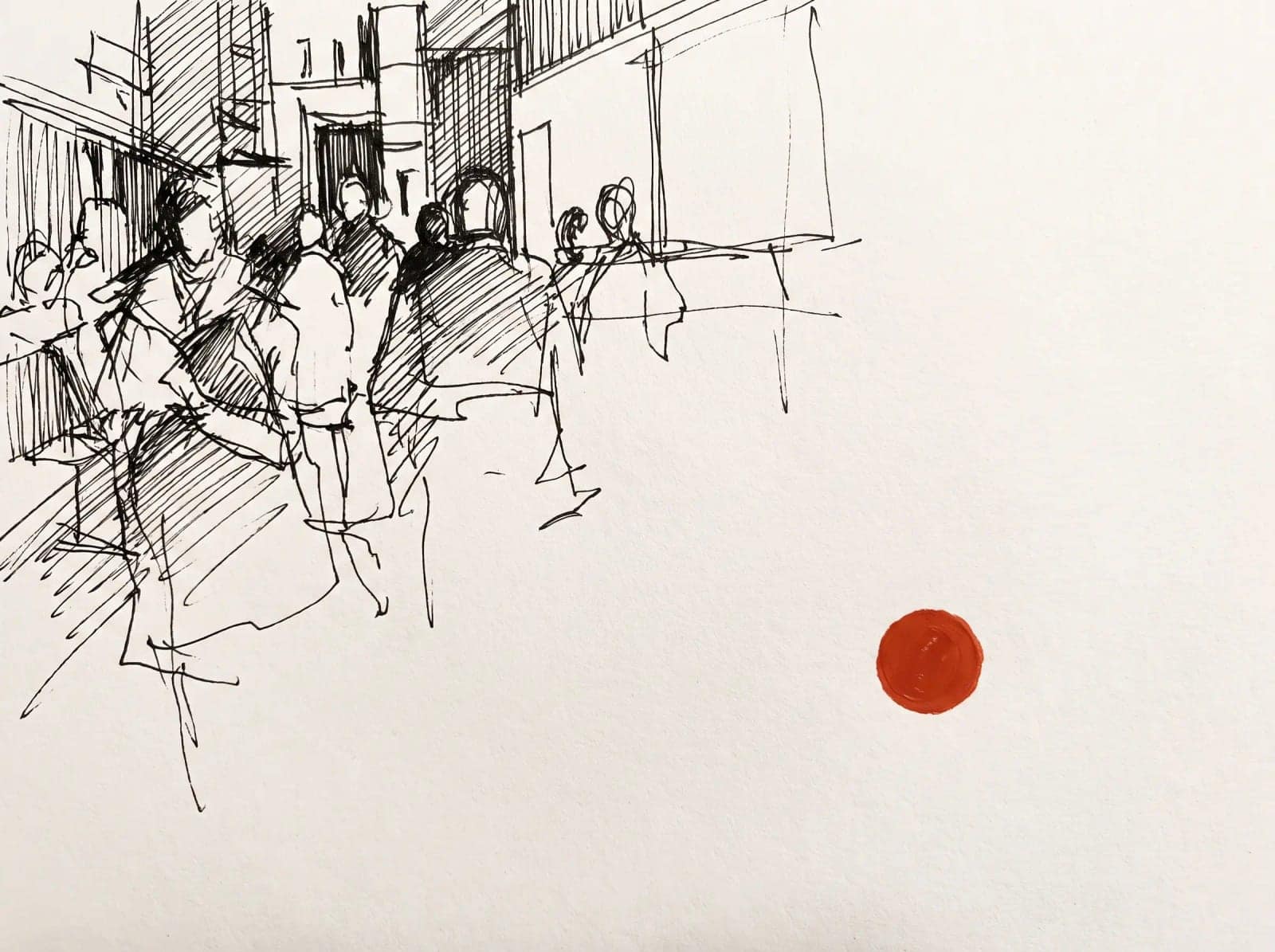 Ink Sketch Red Accent, A loose black ink drawing broken by one small burst of red