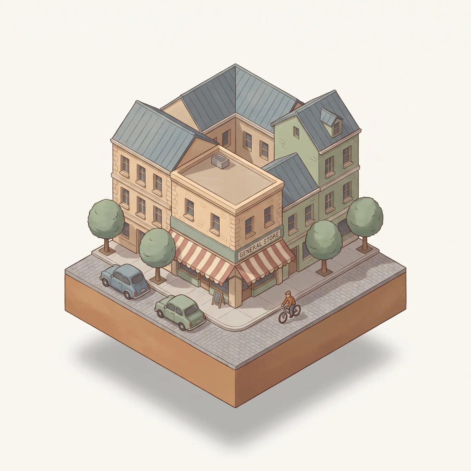 Isometric City, A small city block floating on a plain background, lit like a model