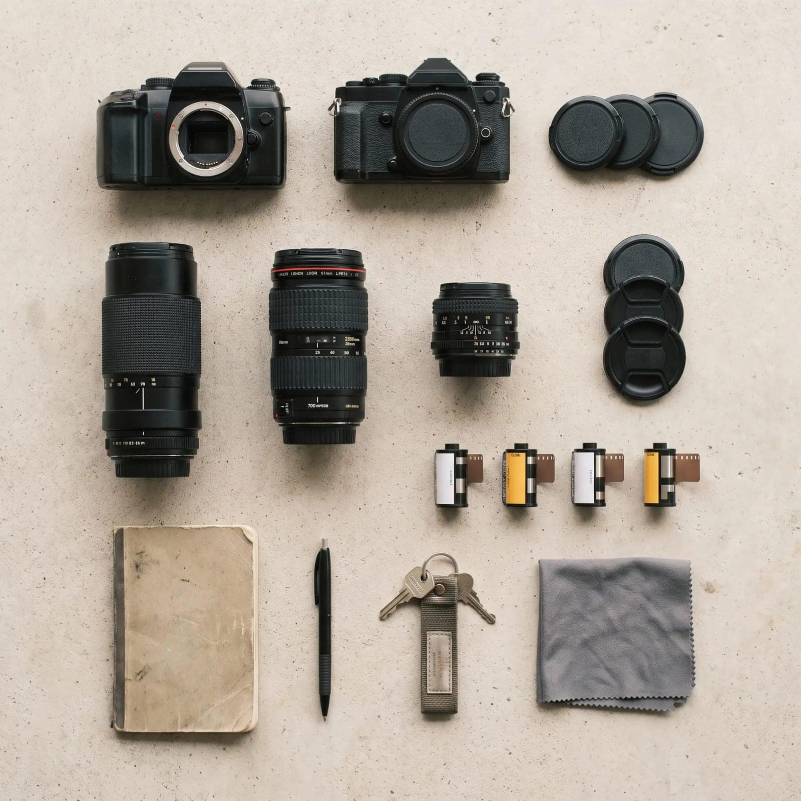 Knolling Flat Lay, Everything a person owns, disassembled and arranged at right angles