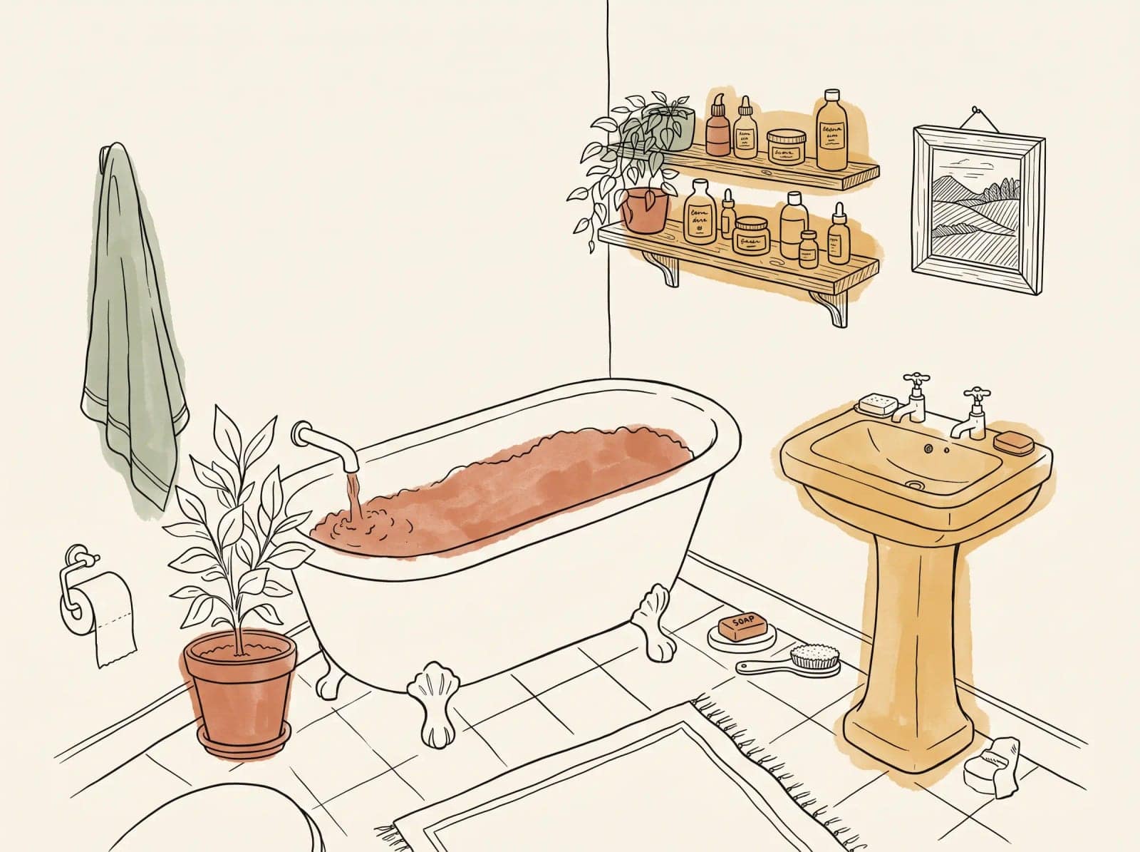 Line and Wash Interior, A room drawn in fine line with two or three flat colours dropped in