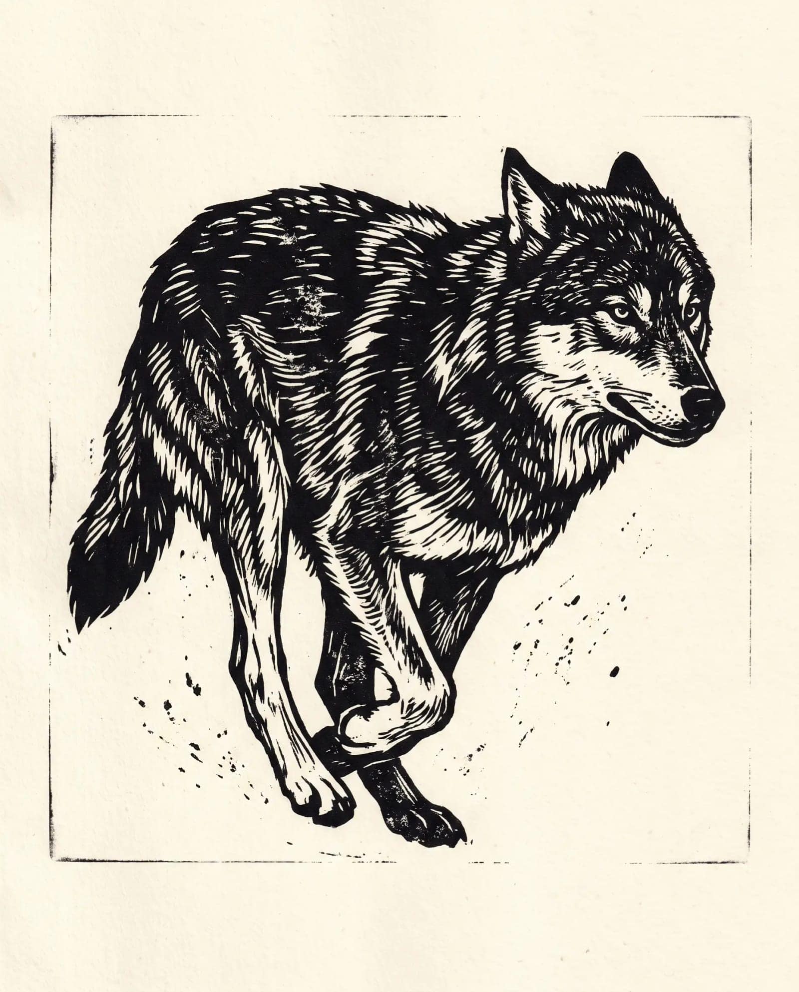 Linocut Print, Carved marks, solid black and the wobble of a hand cut block