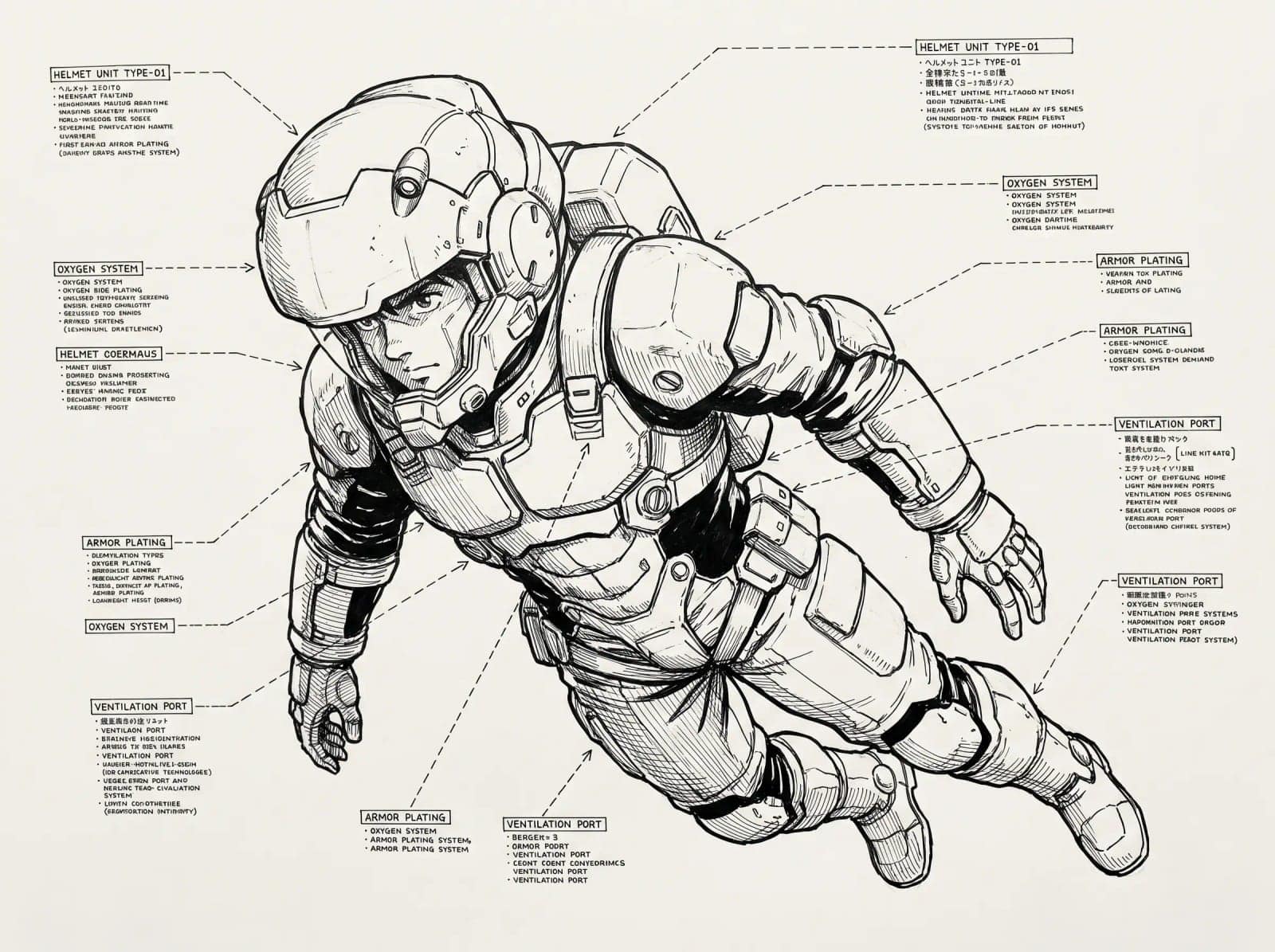 Mecha Line Study, A hard suit drawn in obsessive line, floating on white with callouts