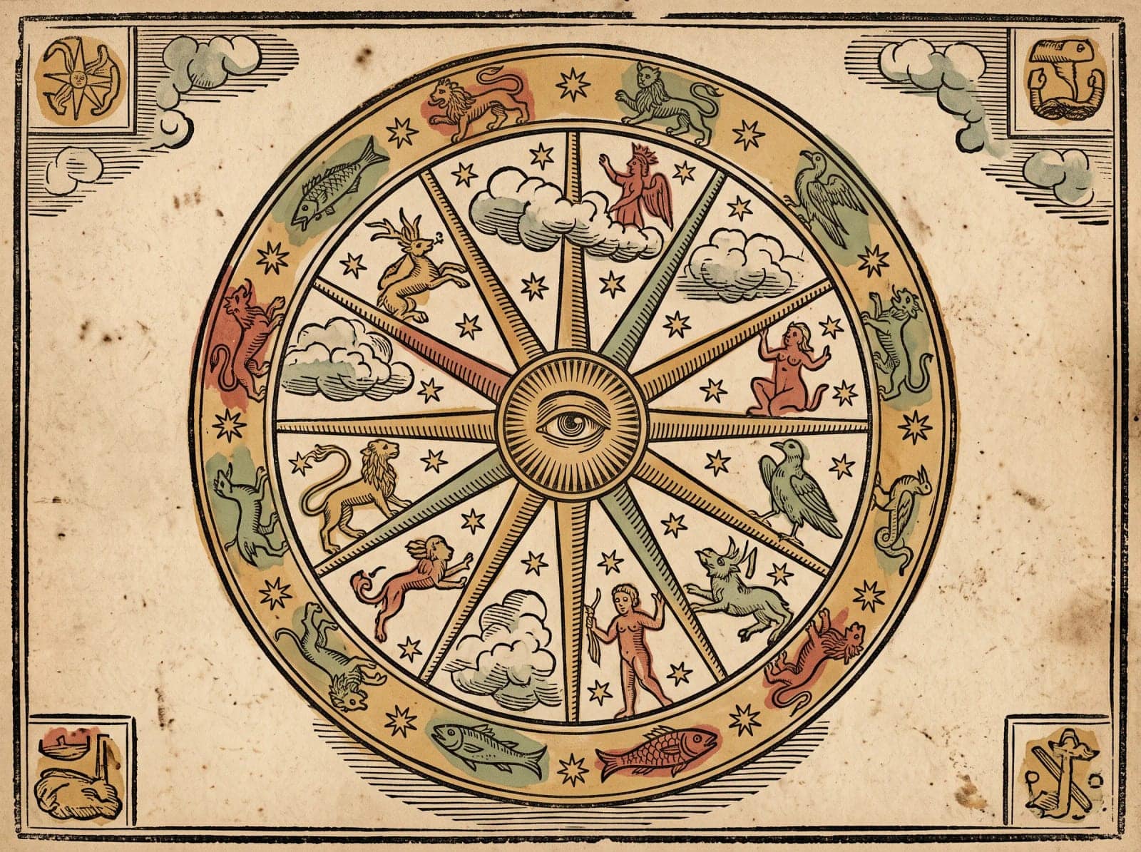Medieval Woodcut Illumination, Hand coloured woodcut with symbols, borders and cheerfully wrong anatomy