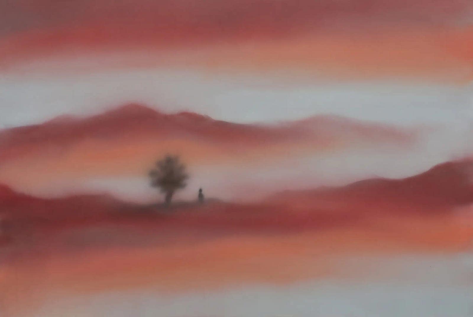 Misty Gradient Landscape, Mountains and a lone figure dissolving into soft bands of colour