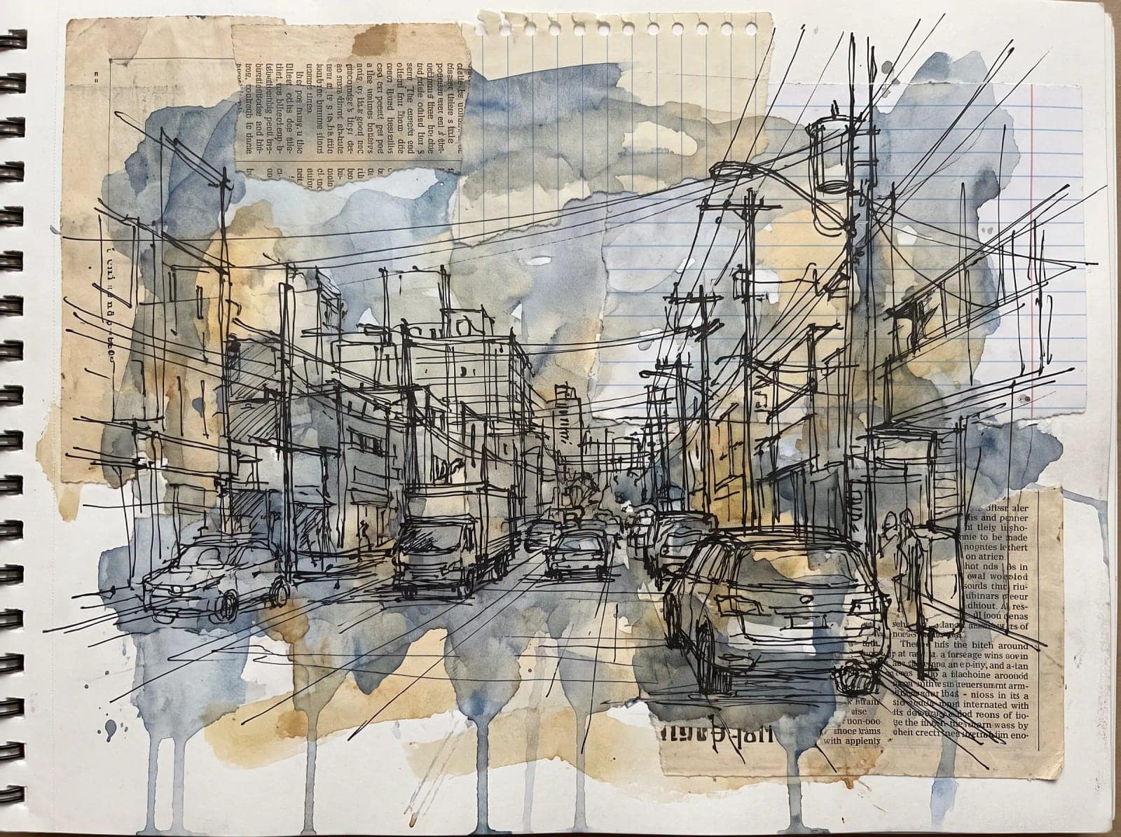 Mixed Media City Sketch, A city drawn in scratchy ink over pasted paper and loose colour washes