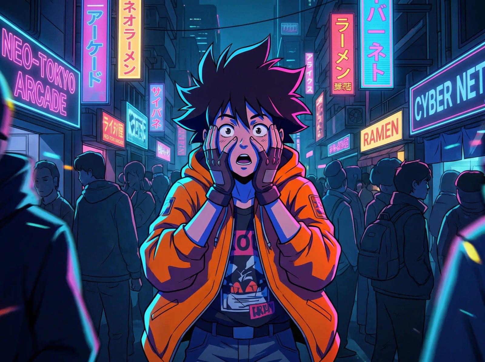 Modern Anime Key Visual, A crowded frame, hard rim light and a character mid reaction