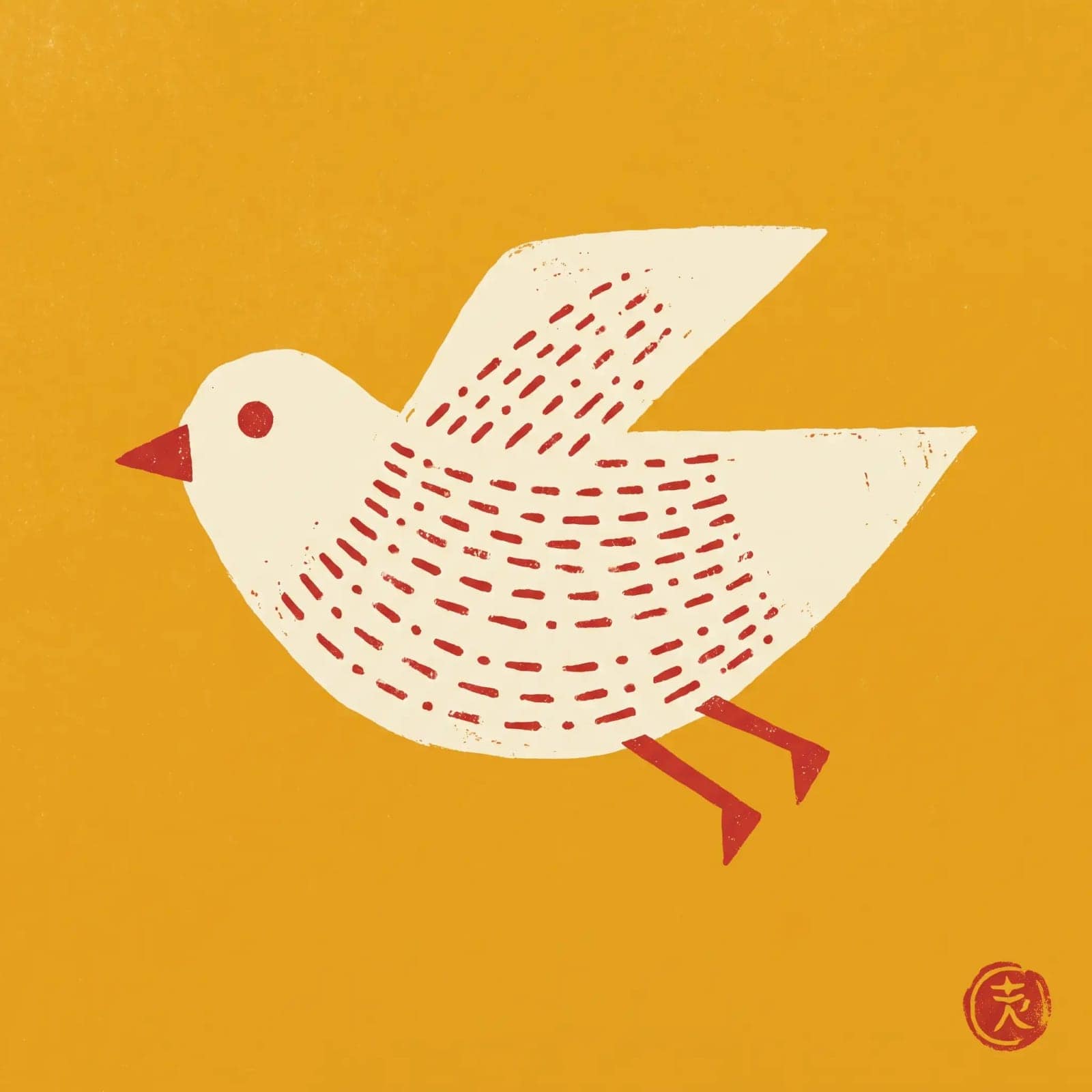 Naive Folk Print, A flat folk animal, decorative marks for feathers, and a small red seal