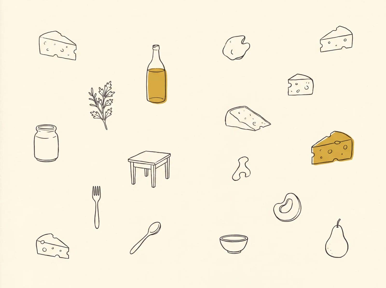 Object Doodle Set, A scatter of small hand drawn objects, a couple picked out in colour