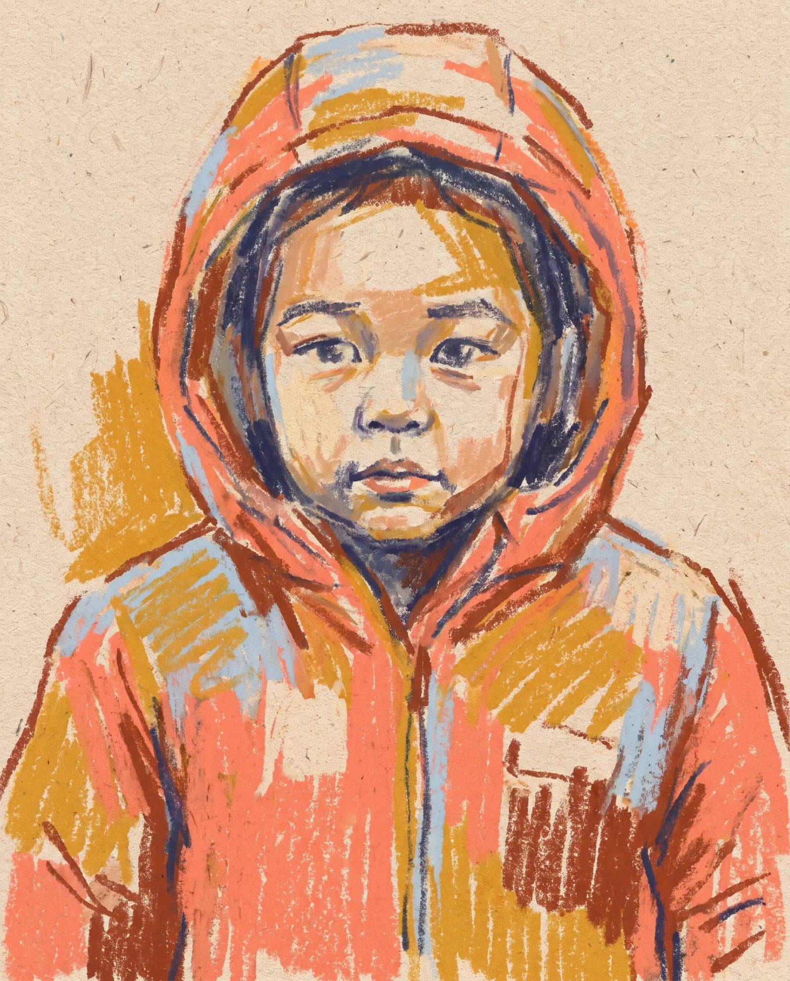 Oil Pastel Portrait, Waxy strokes, colour dragged over tooth, drawn like a child but not by one