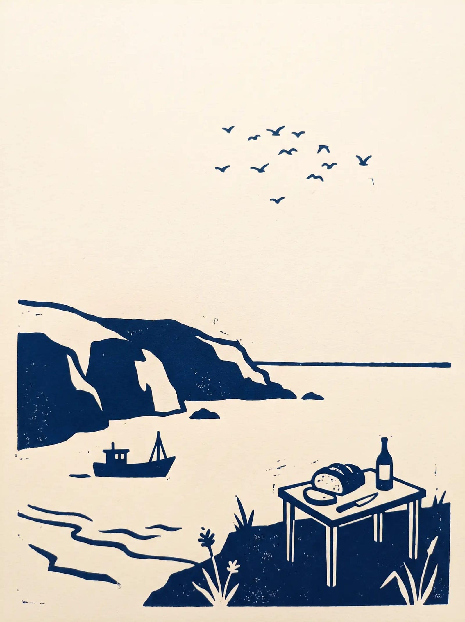 One Colour Screenprint, A single ink on cream, with the paper doing half the drawing
